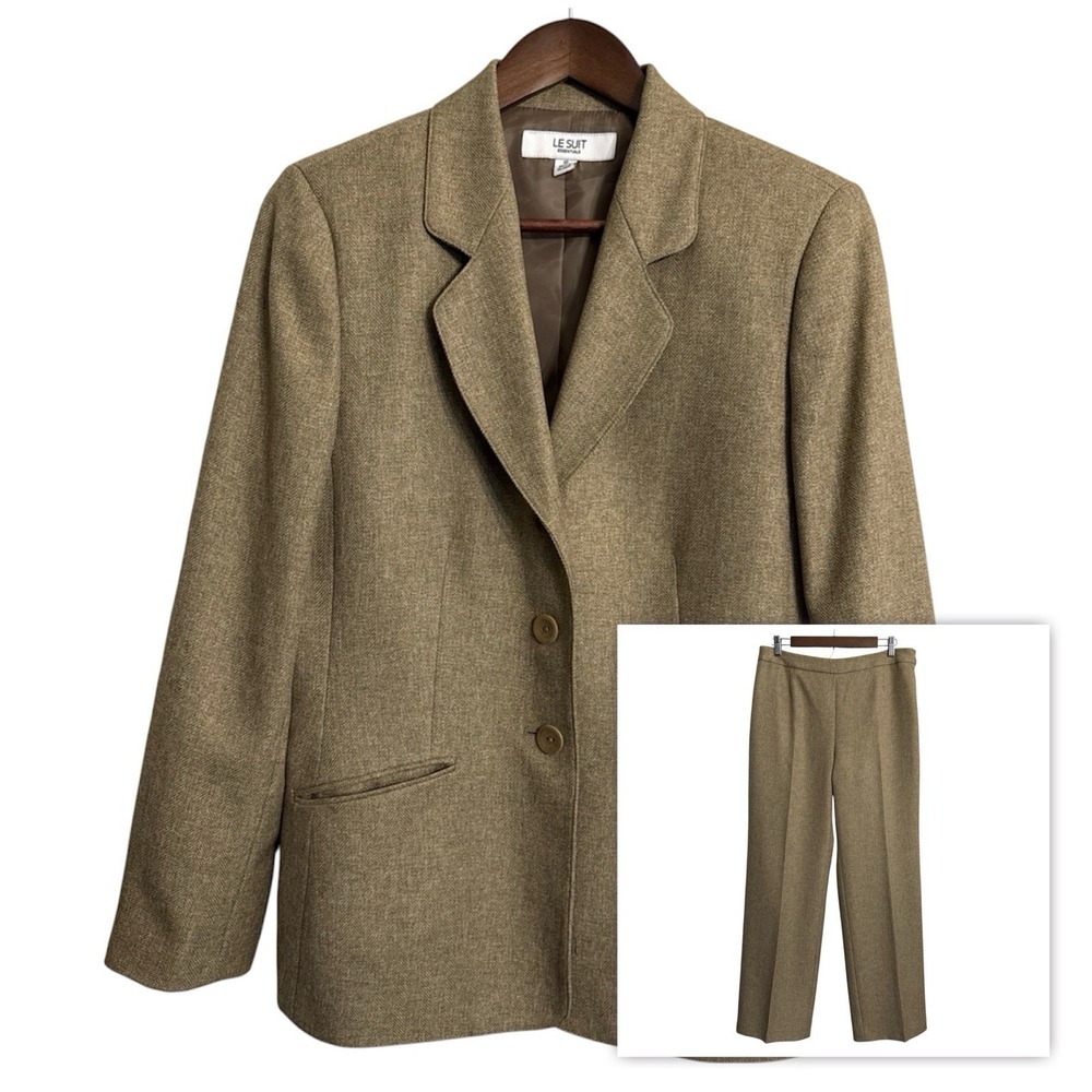 Le Suit‎ pants suit blazer set women's 10 tan neutral herringbone career wedding